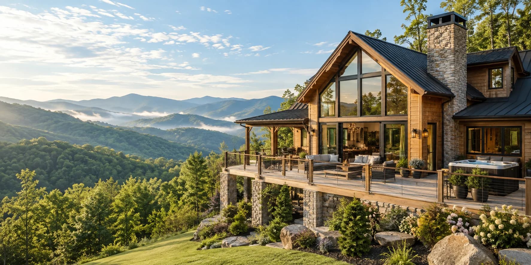 Sunlit luxury cabin overlooking the Great Smoky Mountains