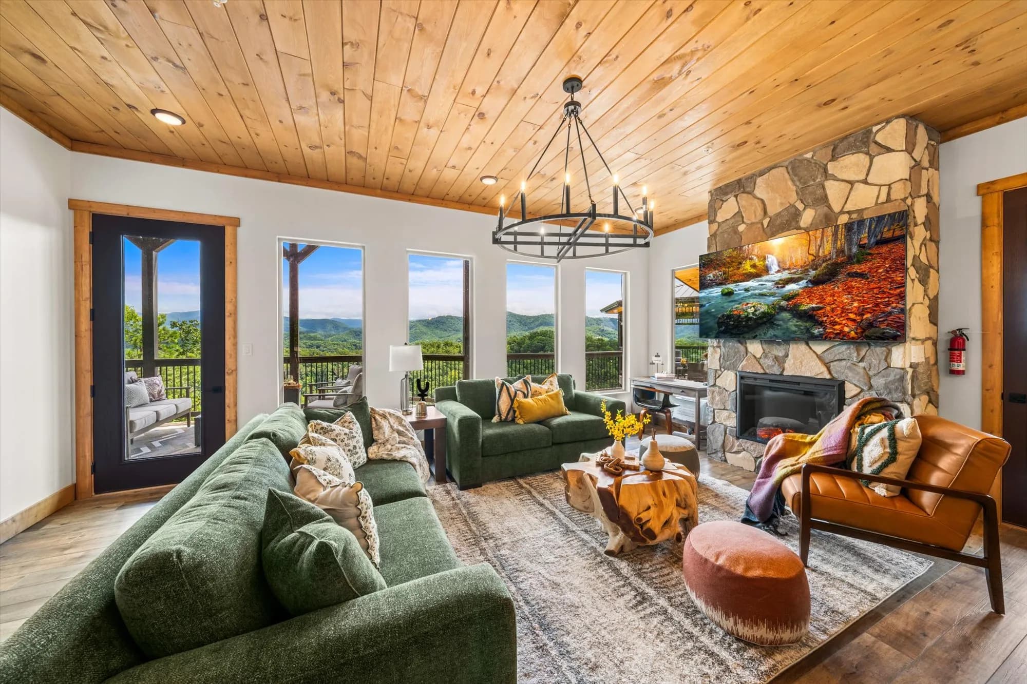 Professionally prepared vacation rental living room with Smoky Mountain views