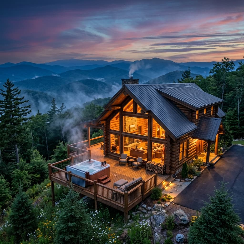 Luxury cabin in the Smoky Mountains at sunset